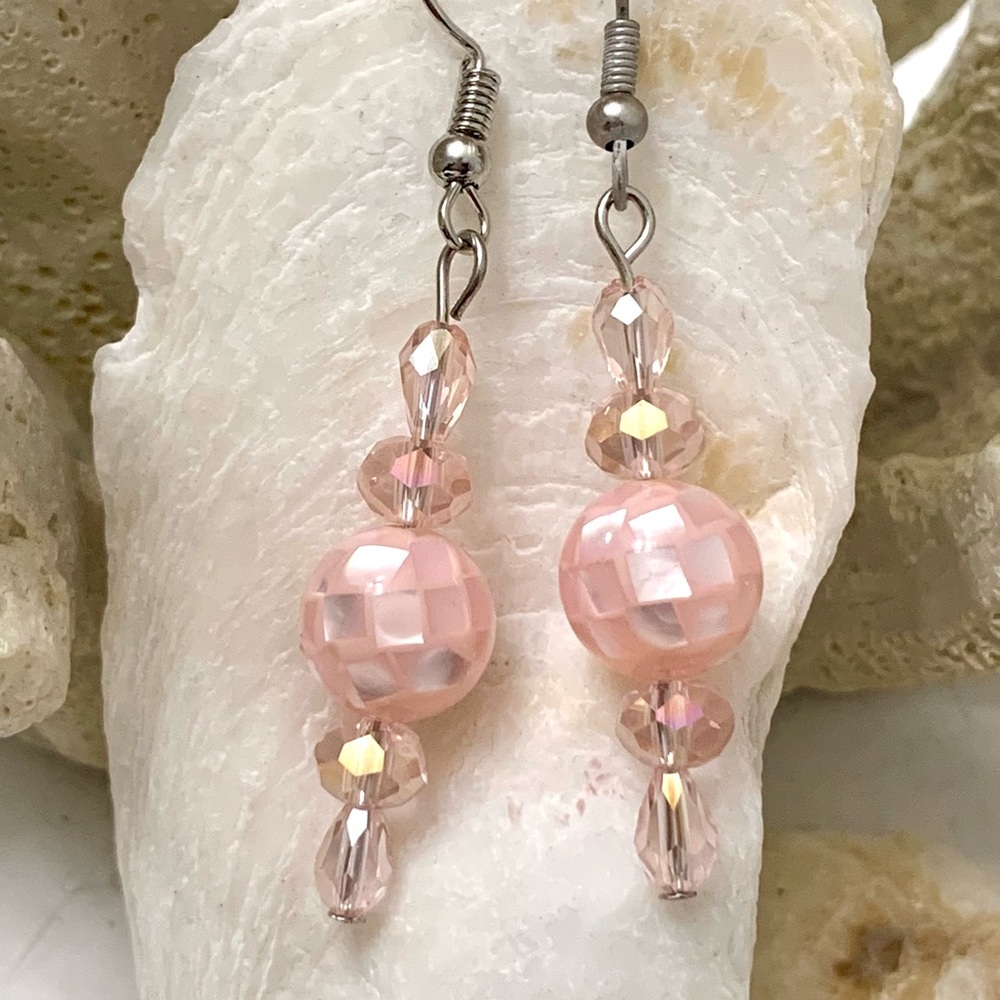 Artist Designed Victorian Style Pink Mosaic Mother of Pearl Earrings